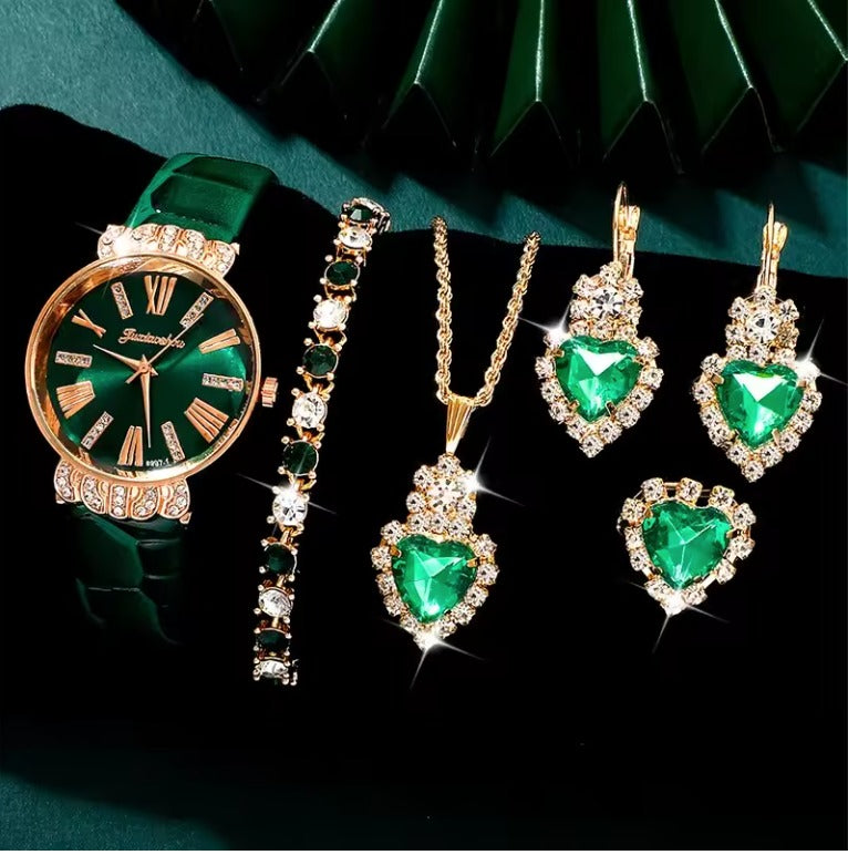 Conjunto, reloj, aretes, anillo y collar verde