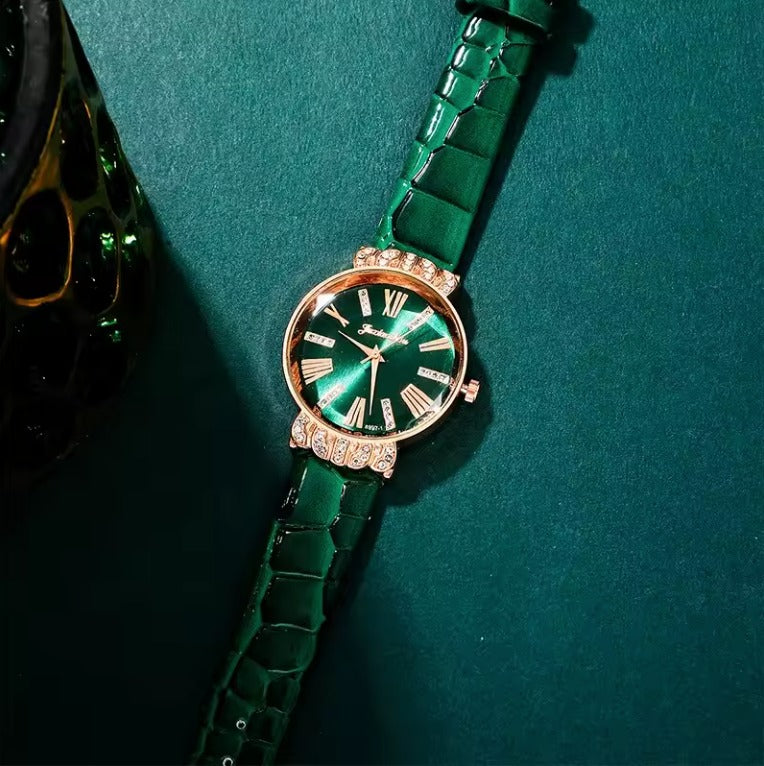 Conjunto, reloj, aretes, anillo y collar verde