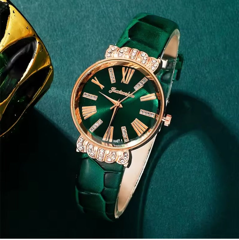 Conjunto, reloj, aretes, anillo y collar verde
