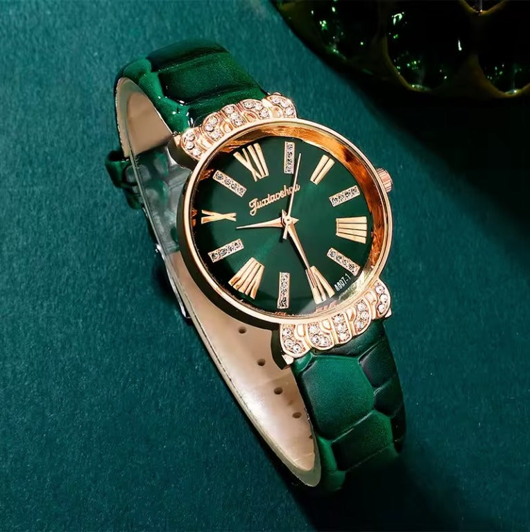 Conjunto, reloj, aretes, anillo y collar verde