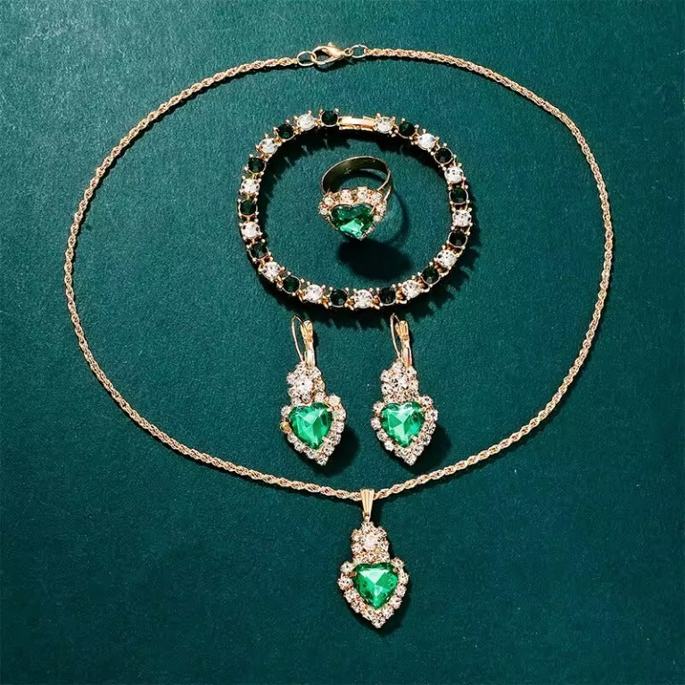 Conjunto, reloj, aretes, anillo y collar verde