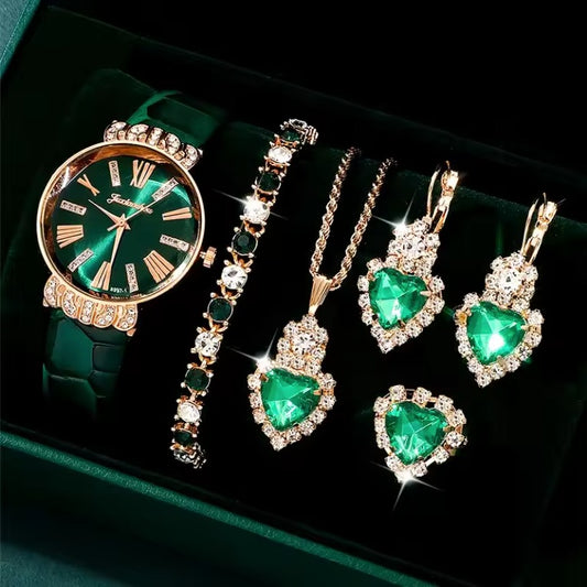 Conjunto, reloj, aretes, anillo y collar verde